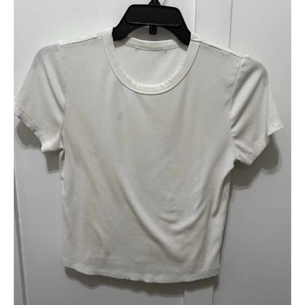 Short Sleeve White Ribbed Crop‎ Top Small Stretchy staple classic Modal Spandex